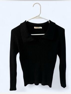 Black Ribbed Long Sleeve Sweater V Sweater.